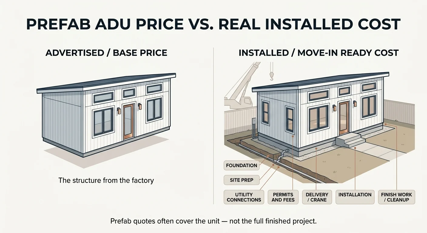 Prefab ADU advertised base price vs. real installed cost infographic showing foundation, site prep, utility connections, permits, delivery, and installation as additional costs