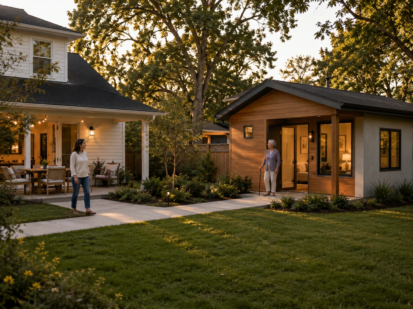 Prefab ADU one-time cost vs. cumulative assisted-living cost, with break-even points