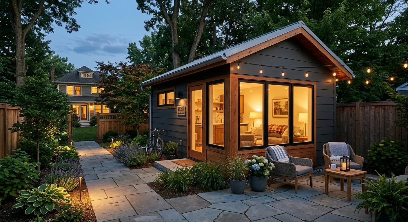 Completed prefab ADU backyard cottage in the evening with warm interior lighting and string lights — illustrating the livability and rental appeal of a finished accessory dwelling unit