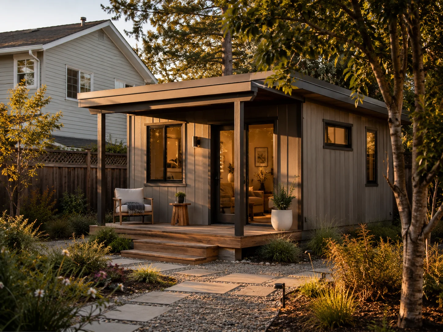 Prefab ADU with a covered porch entry deck — a roofed structure that can affect setback calculations