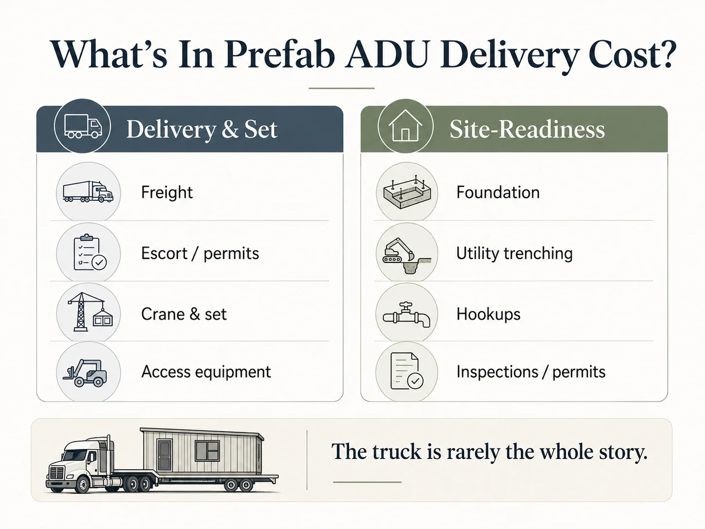 Prefab ADU delivery cost breakdown: delivery and set vs. site-readiness costs.