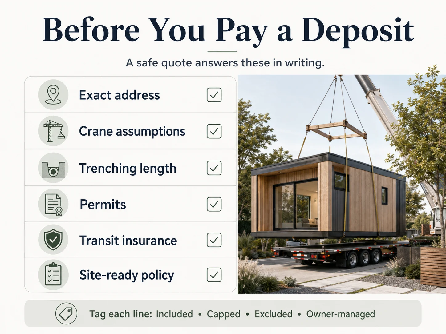 Before you pay a prefab ADU deposit: checklist of questions to ask in writing.