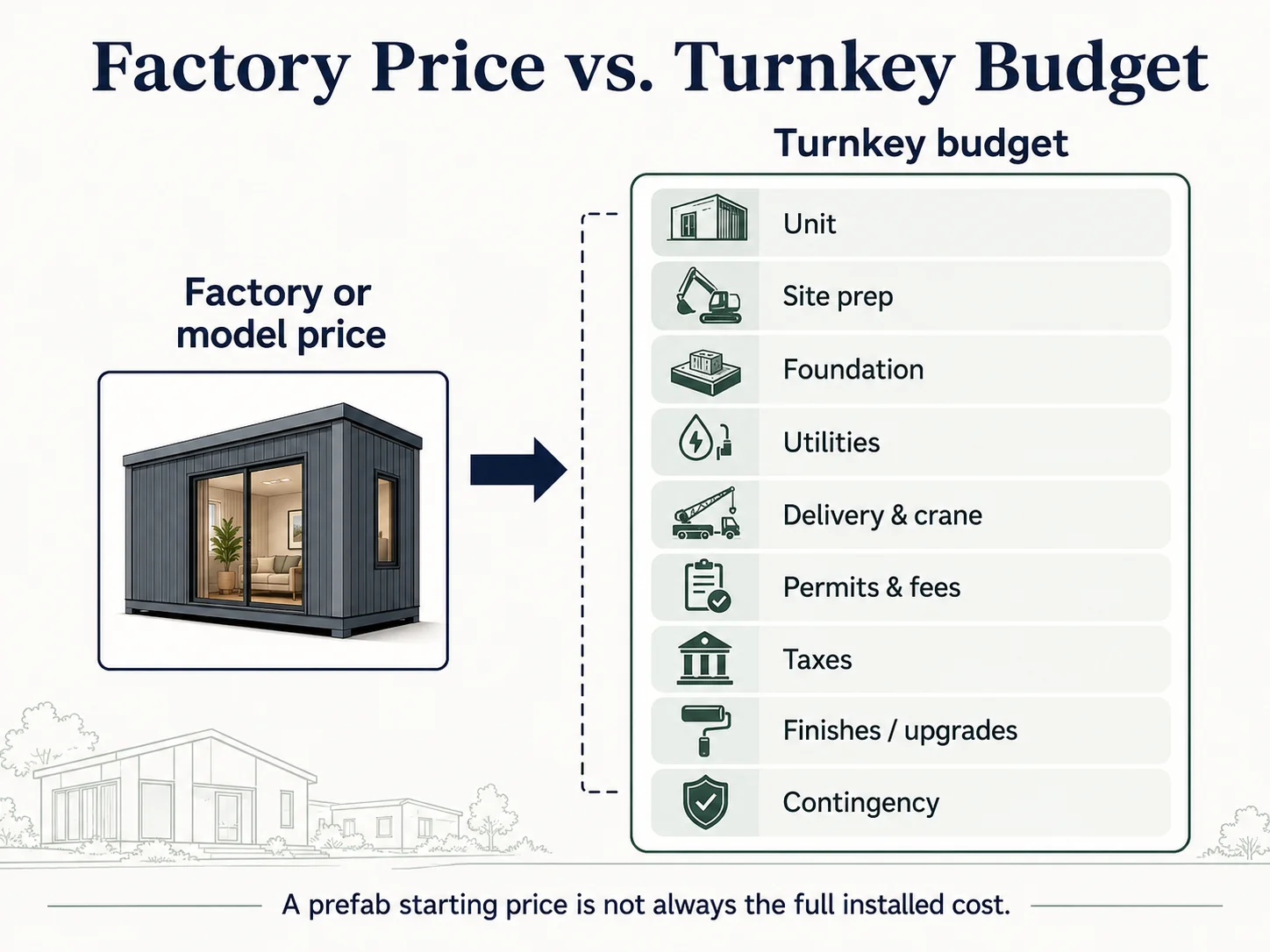 Prefab ADU budget components — size your loan to the full installed total, not the factory unit price.