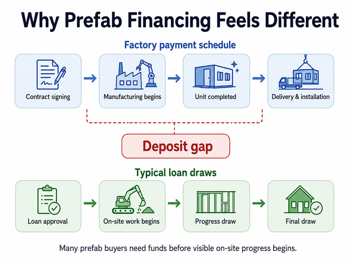 Prefab ADU factory-deposit timing gap: the factory needs money before the unit reaches your lot, while most loans release funds against on-site progress.
