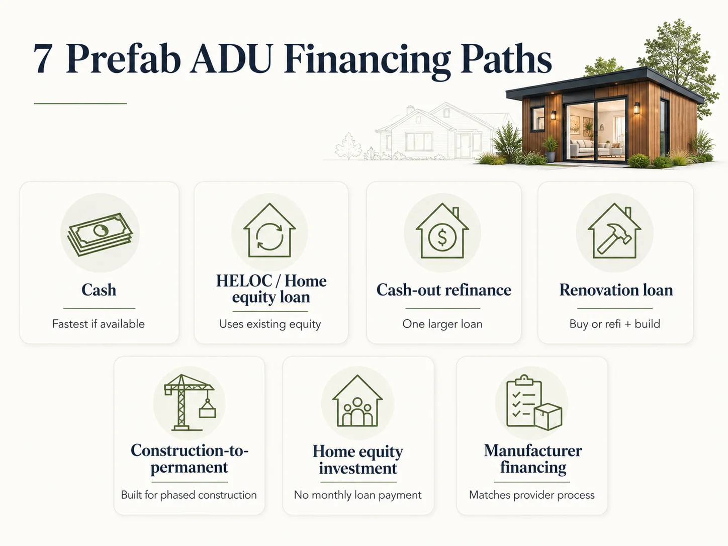 The 7 prefab ADU financing paths: cash, HELOC/home equity loan, cash-out refinance, renovation loan, construction-to-permanent, home equity investment, manufacturer financing.
