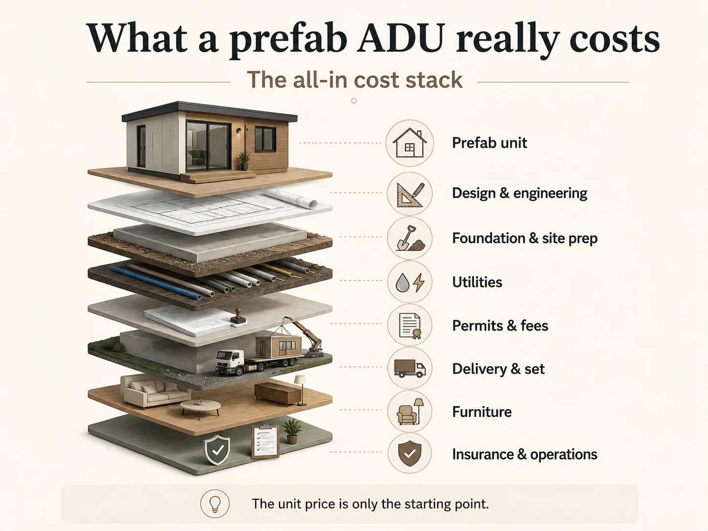 All-in prefab ADU cost breakdown beyond the base unit price \u2014 showing 8 cost layers from prefab unit to insurance and operations.