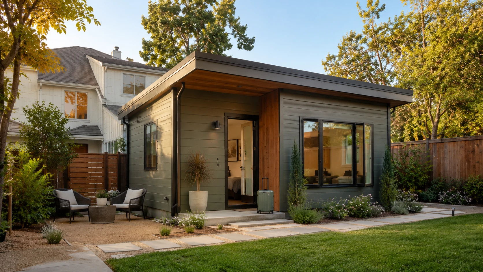 Detached prefab ADU in a backyard used for short-term rental.