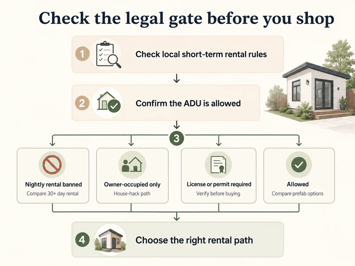 Check the legal gate before you shop \u2014 4-step decision flow for ADU short-term rental: check local STR rules, confirm ADU allowed, choose path, then choose right rental model.