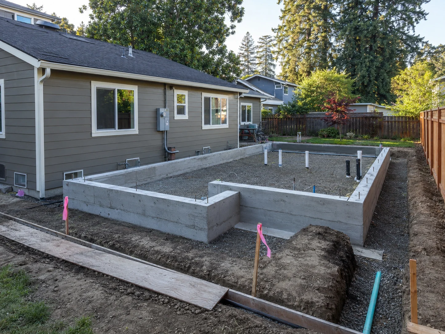 ADU foundation under construction showing a poured concrete perimeter with rebar, anchor bolts, and utility stub-outs in a suburban backyard — the engineered foundation is required before a prefab unit can be set.