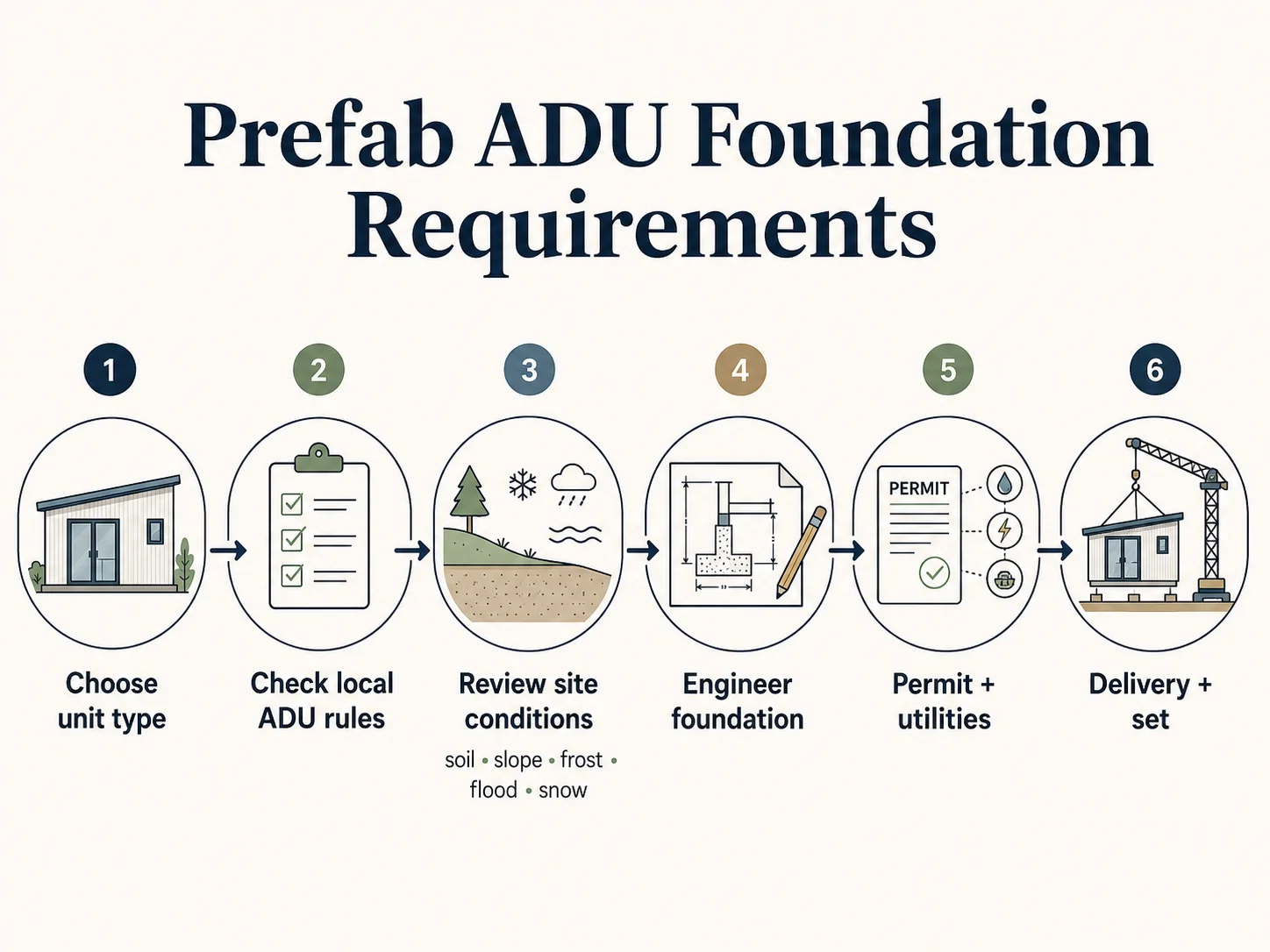 Six-step process diagram for prefab ADU foundation requirements: (1) choose unit type, (2) check local ADU rules, (3) review site conditions including soil, slope, frost, flood, and snow, (4) engineer foundation, (5) permit and utilities, (6) delivery and set.