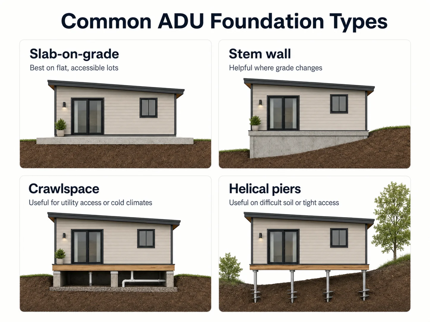 Diagram showing four common ADU foundation types: slab-on-grade (best for flat lots), stem wall (helpful where grade changes), crawlspace (useful for utility access or cold climates), and helical piers (useful on difficult soil or tight access).
