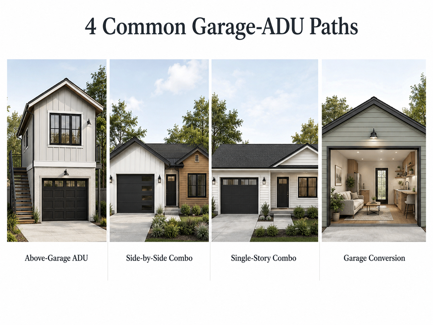 4 common garage-ADU paths: above-garage ADU, side-by-side combo, single-story combo, and garage conversion