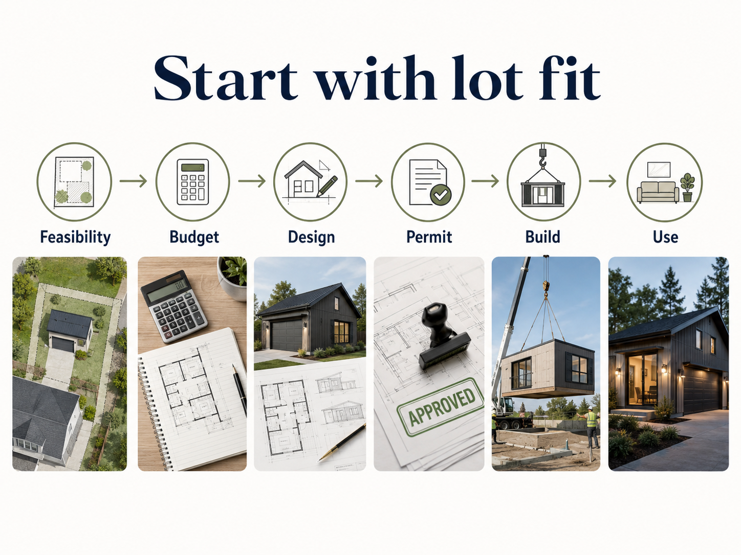 Start with lot fit — the 6-step prefab ADU with garage process: feasibility, budget, design, permit, build, use
