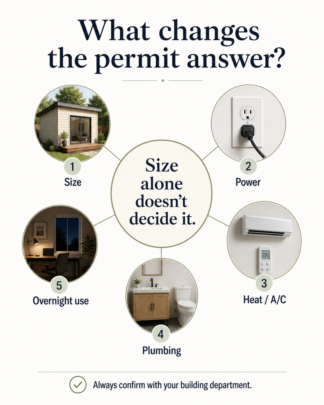 Backyard office permit size thresholds by city 2026 \u2014 what changes the permit answer: size, power, heat/AC, plumbing, overnight use.