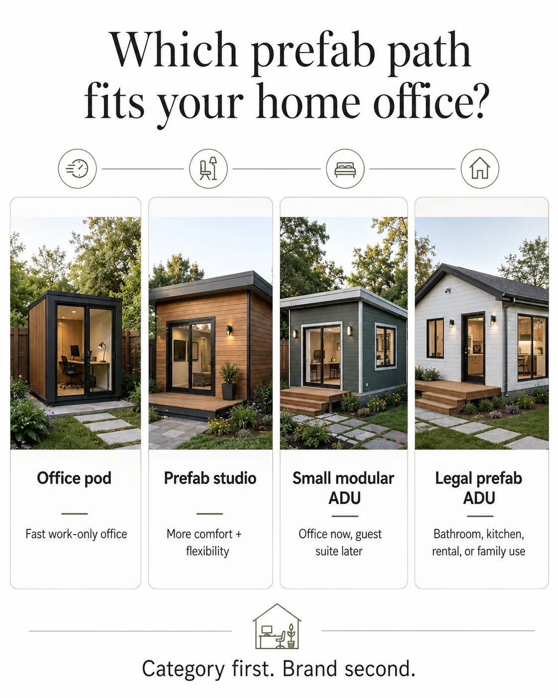 Office pod vs ADU difference \u2014 which prefab path fits your home office: pod, studio, small modular ADU, or legal ADU.