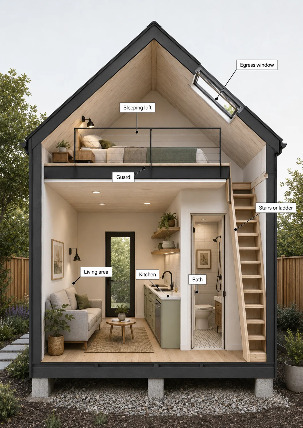 Cross-section diagram of a prefab ADU with loft showing sleeping loft, egress window, guard rail, stairs, kitchen, living area, and bath