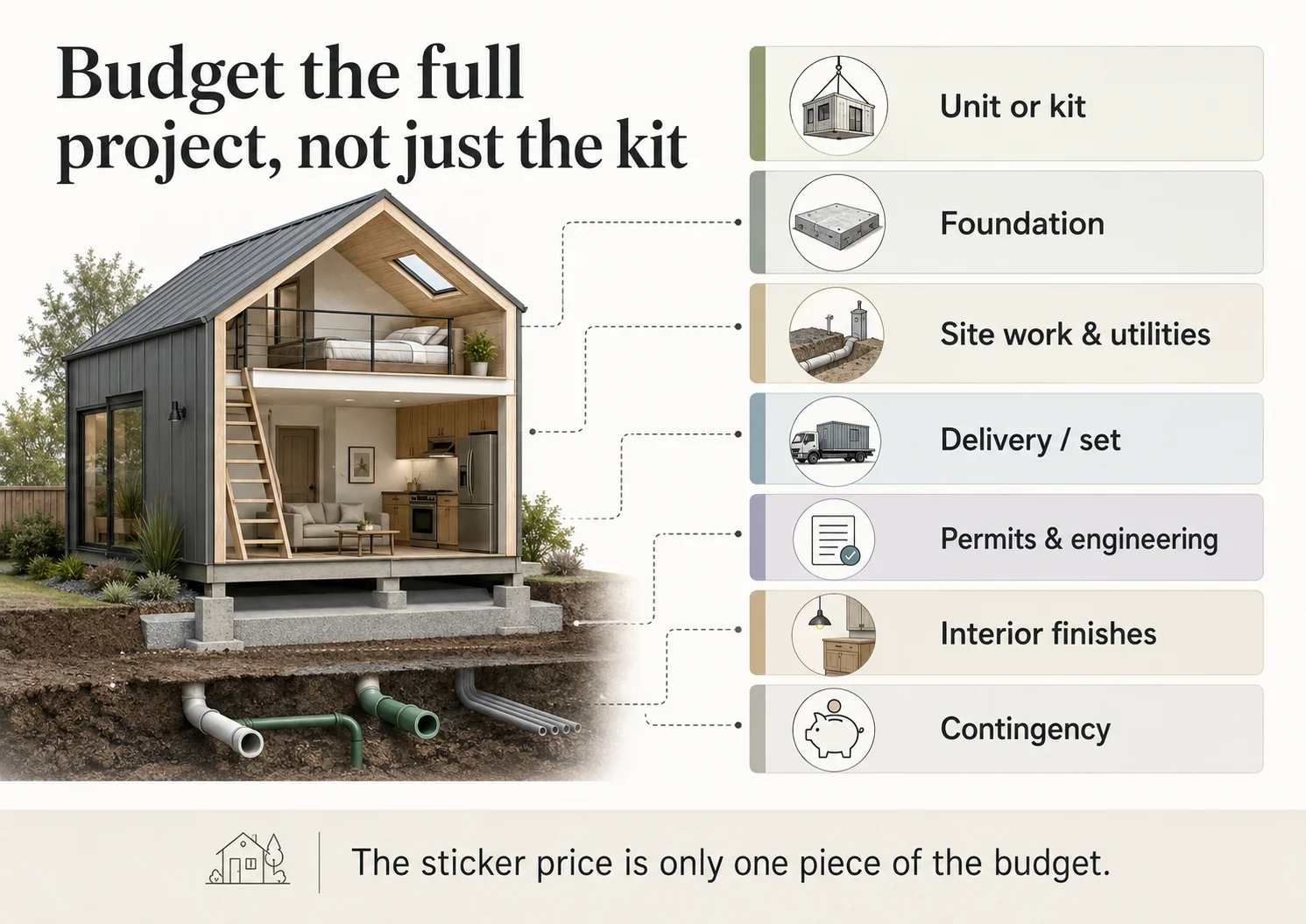 Infographic: Budget the full project, not just the kit — showing unit or kit, foundation, site work and utilities, delivery, permits and engineering, interior finishes, and contingency