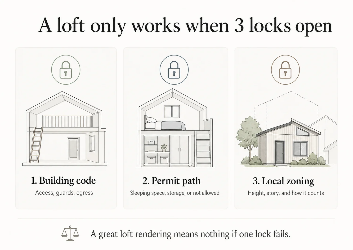 Infographic showing the three locks that must open for a loft ADU to be legal: building code, permit path, and local zoning