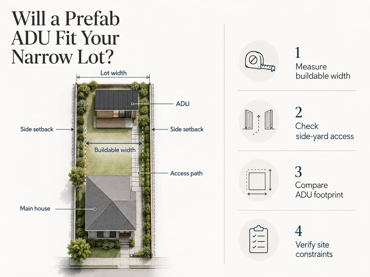 Diagram: buildable width equals lot width minus side setbacks minus roof eaves