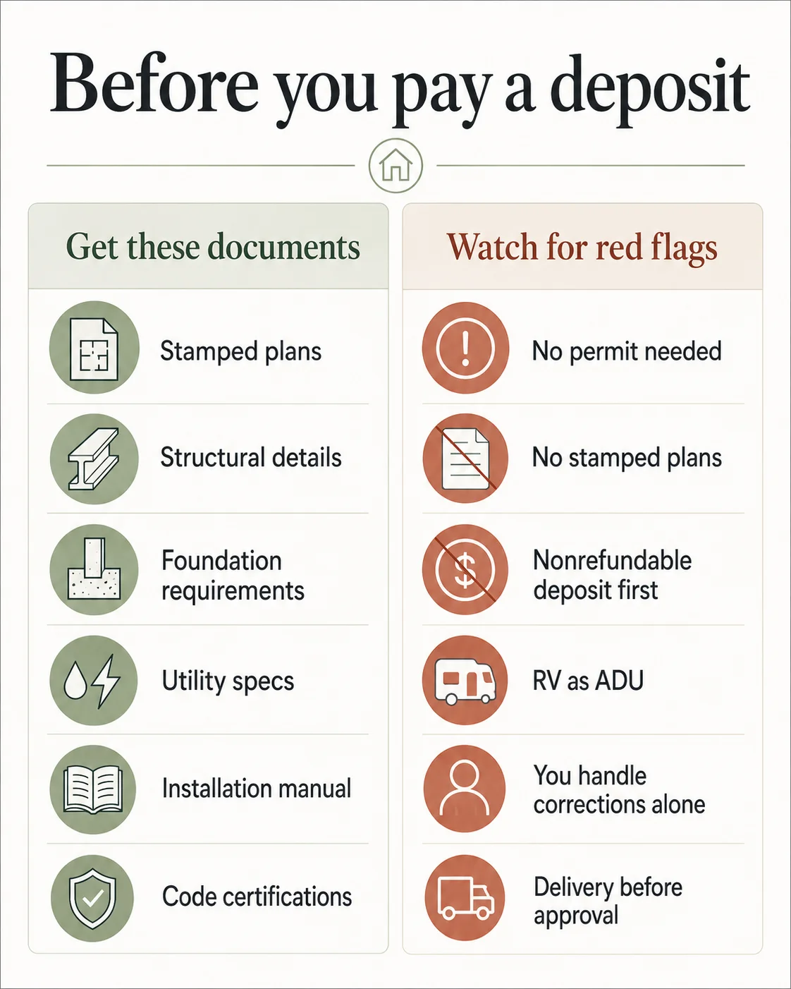 Before-deposit checklist for prefab ADU permits showing the 12 key documents to request from the seller — stamped plans, HUD label, state insignia, foundation specs, and correction responsibility in writing.