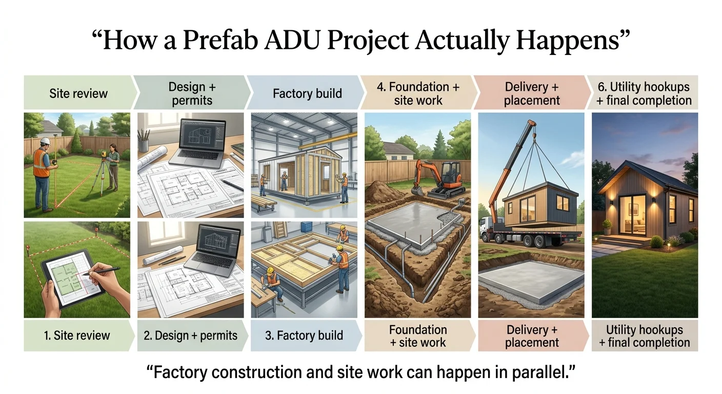 How a prefab ADU project actually happens: 6-step infographic showing site review, design and permits, factory build, foundation and site work, delivery and placement, and utility hookups and final completion — with factory construction and site work running in parallel
