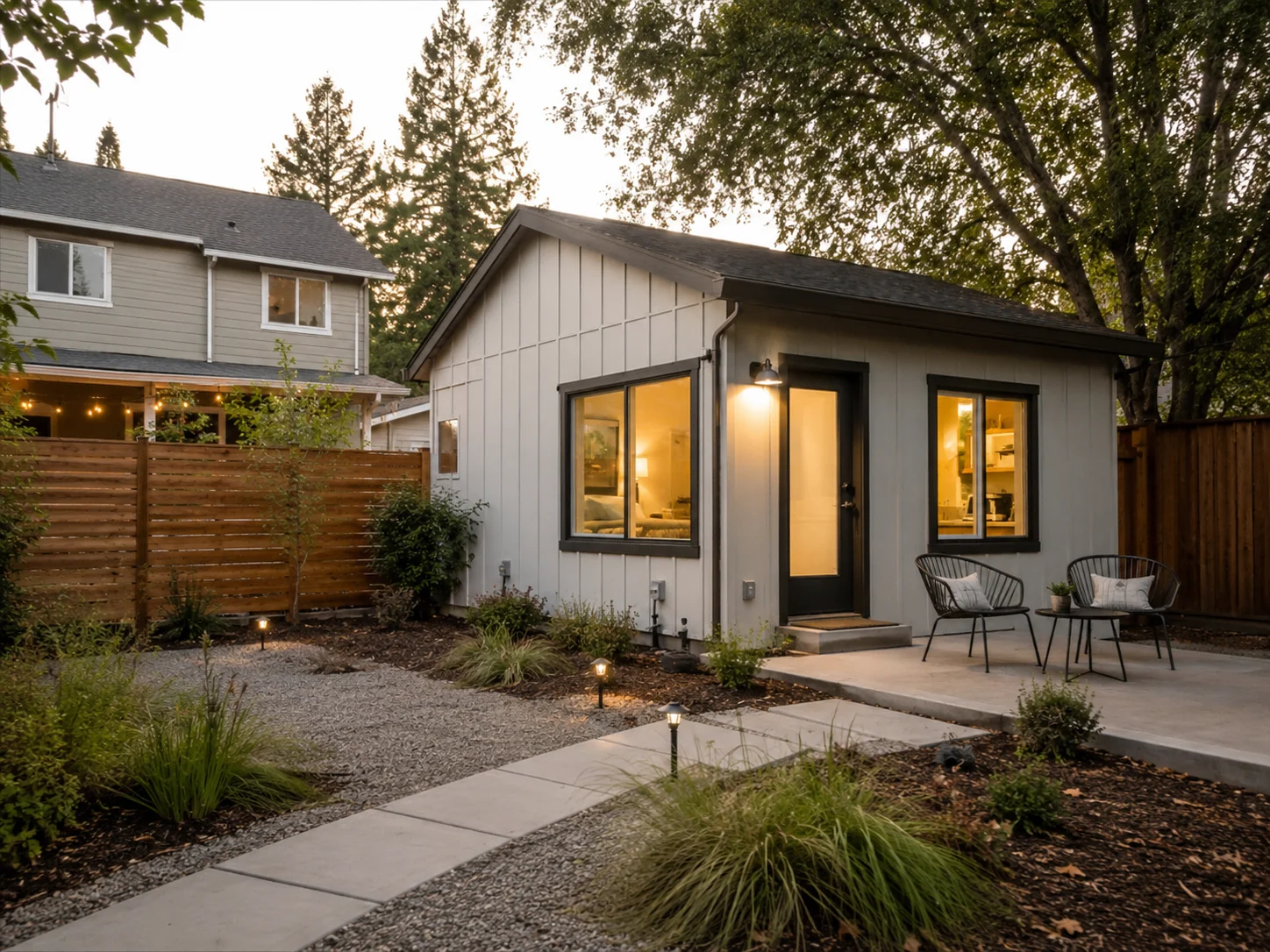 Detached prefab ADU with patio and landscaping, ready for long-term rental