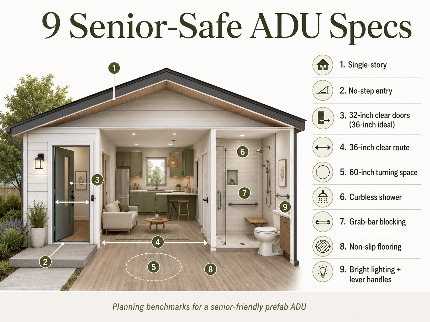 Accessible prefab ADU interior showing open single-story layout for senior aging in place — The Dwelling Index
