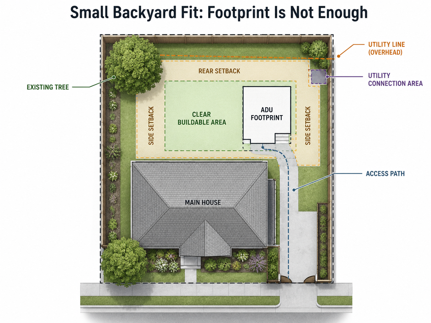 Diagram showing how setbacks reduce a backyard to its buildable rectangle for an ADU.