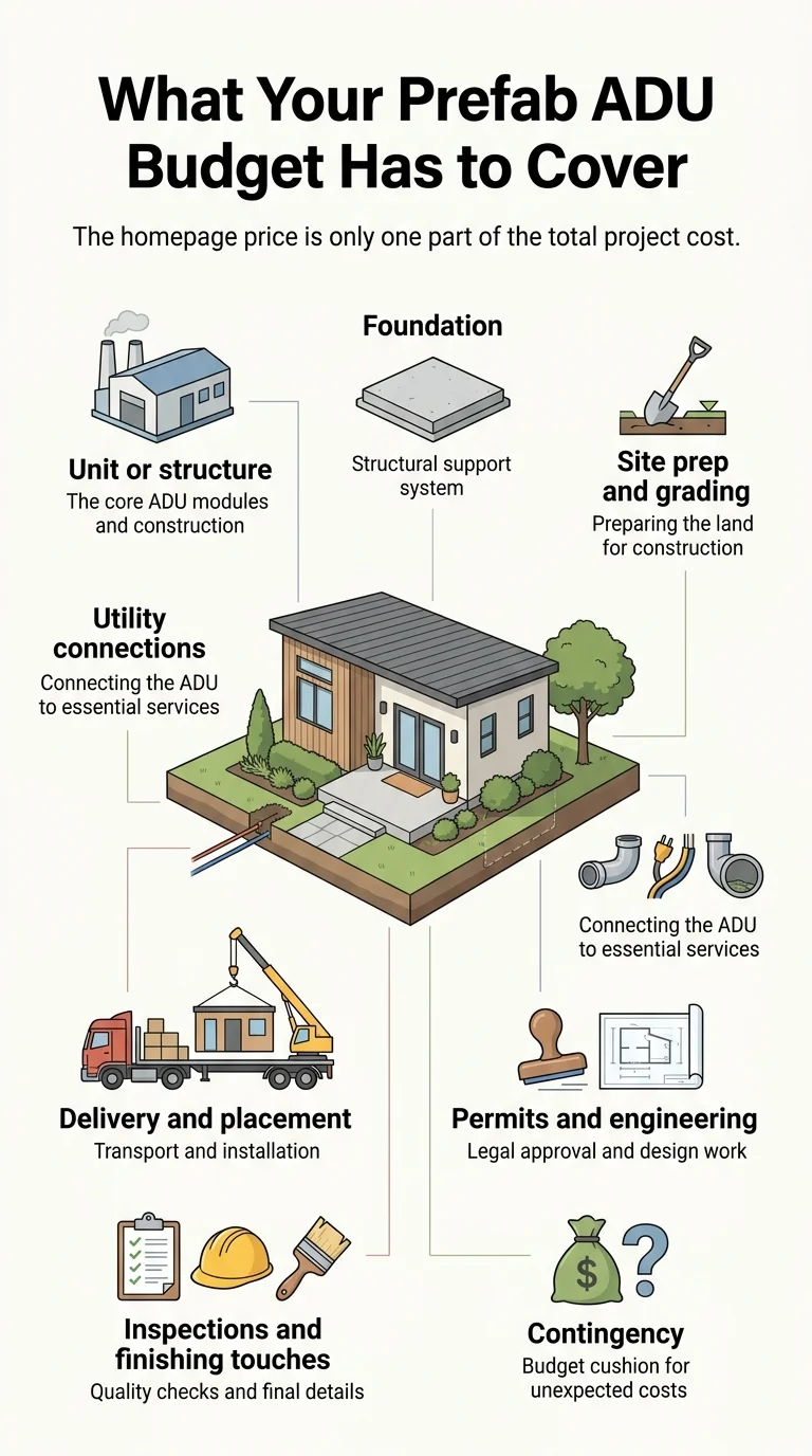 What your prefab ADU budget has to cover — infographic showing all cost categories: unit, foundation, site prep, utility connections, delivery, permits, contingency