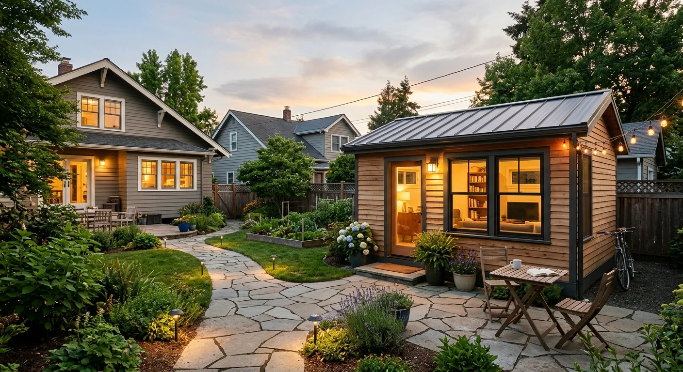 Prefab ADU under $150K — cedar-clad backyard cottage at sunset with stone patio and lush garden