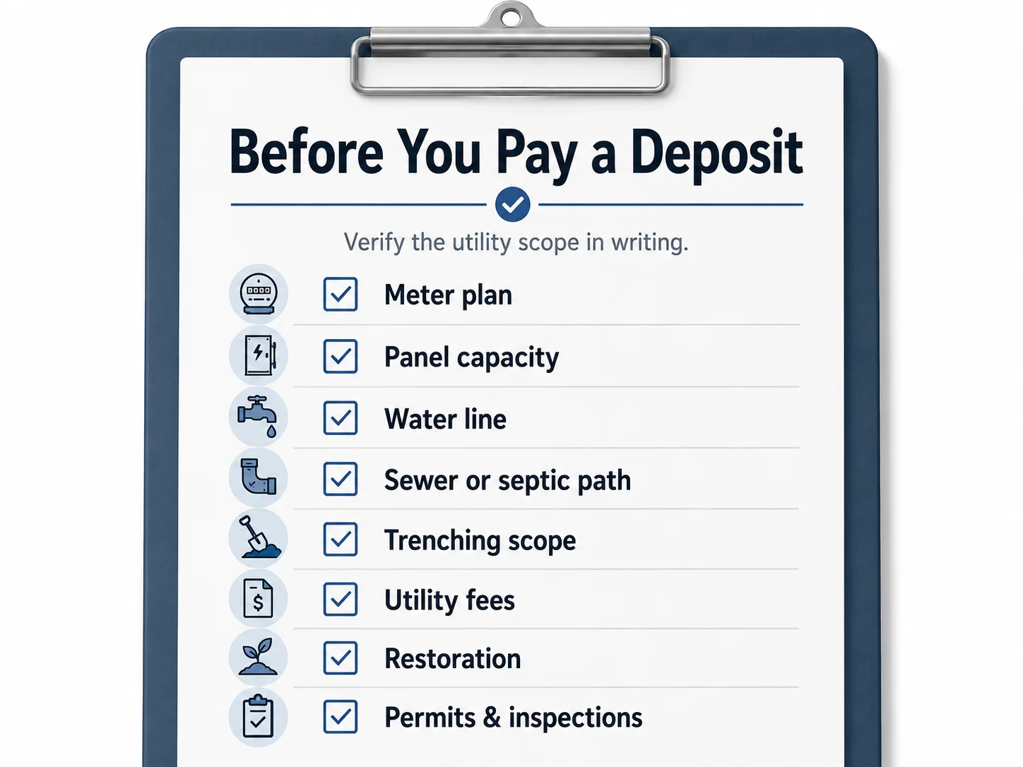 Before-you-pay checklist for prefab ADU utility hookups — 12 questions to ask before signing.