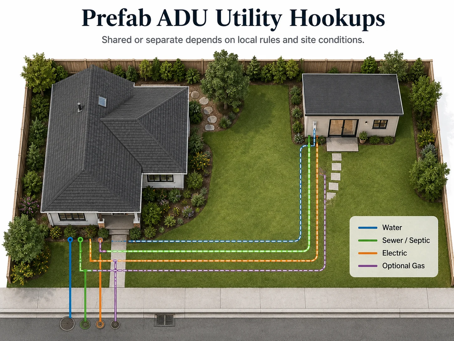 Aerial diagram showing utility trench routes from a main house to a backyard prefab ADU.