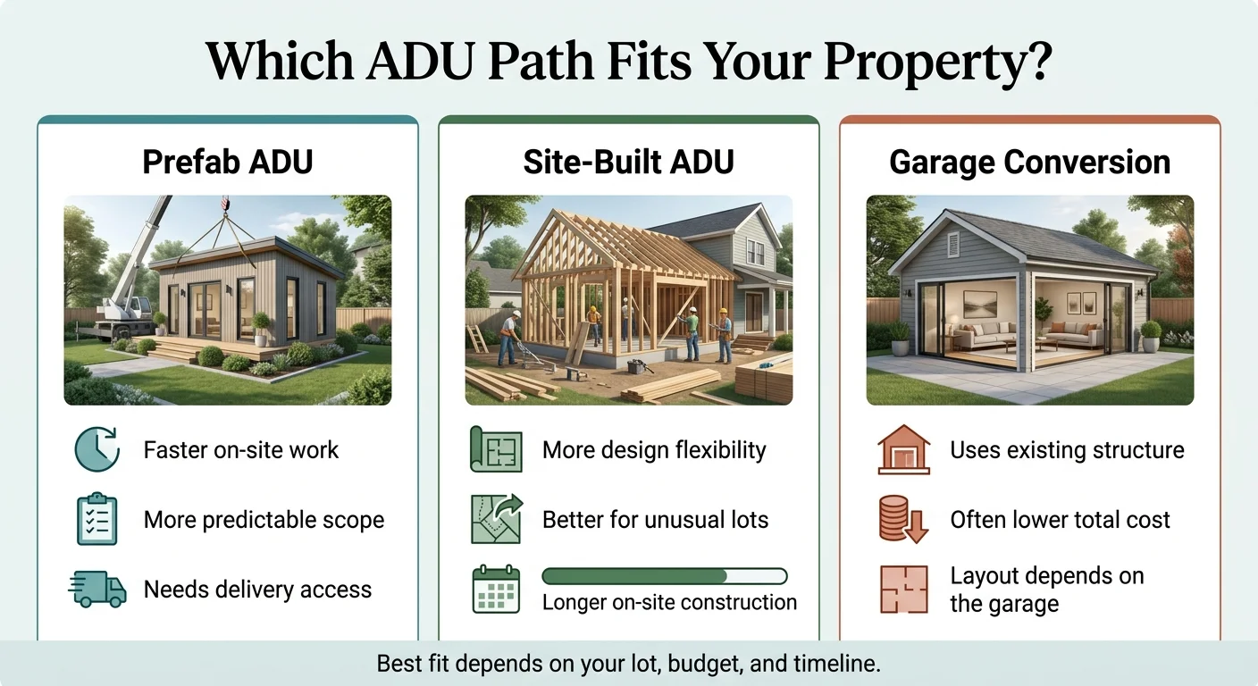 Which ADU path fits your property? Comparison infographic: Prefab ADU (faster on-site work, more predictable scope, needs delivery access), Site-Built ADU (more design flexibility, better for unusual lots, longer construction), Garage Conversion (uses existing structure, often lower total cost, layout depends on garage)