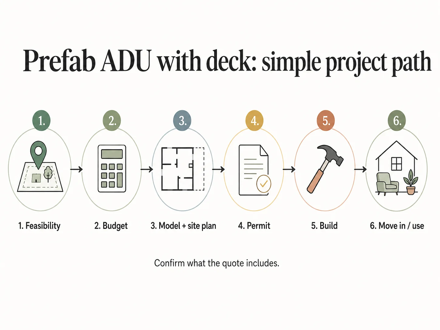 Six-step project path for a prefab ADU with deck: feasibility, budget, model and site plan, permit, build, move in