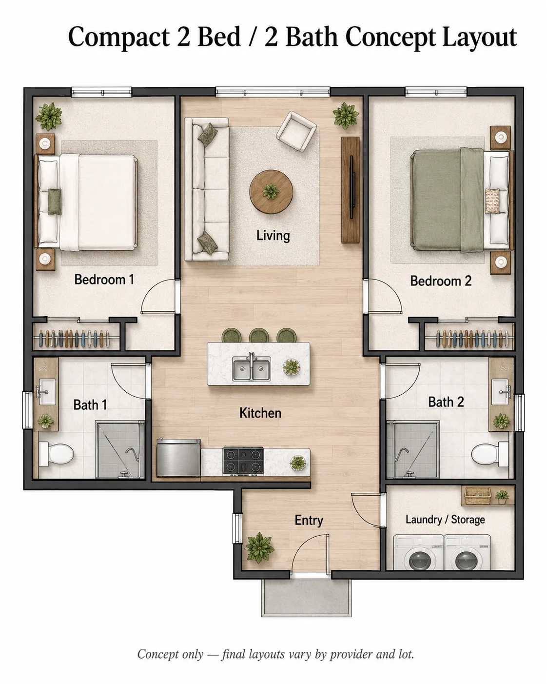 Compact 2-bedroom 2-bathroom prefab ADU concept floor plan showing two bedrooms, two bathrooms, living area, kitchen, entry, and laundry