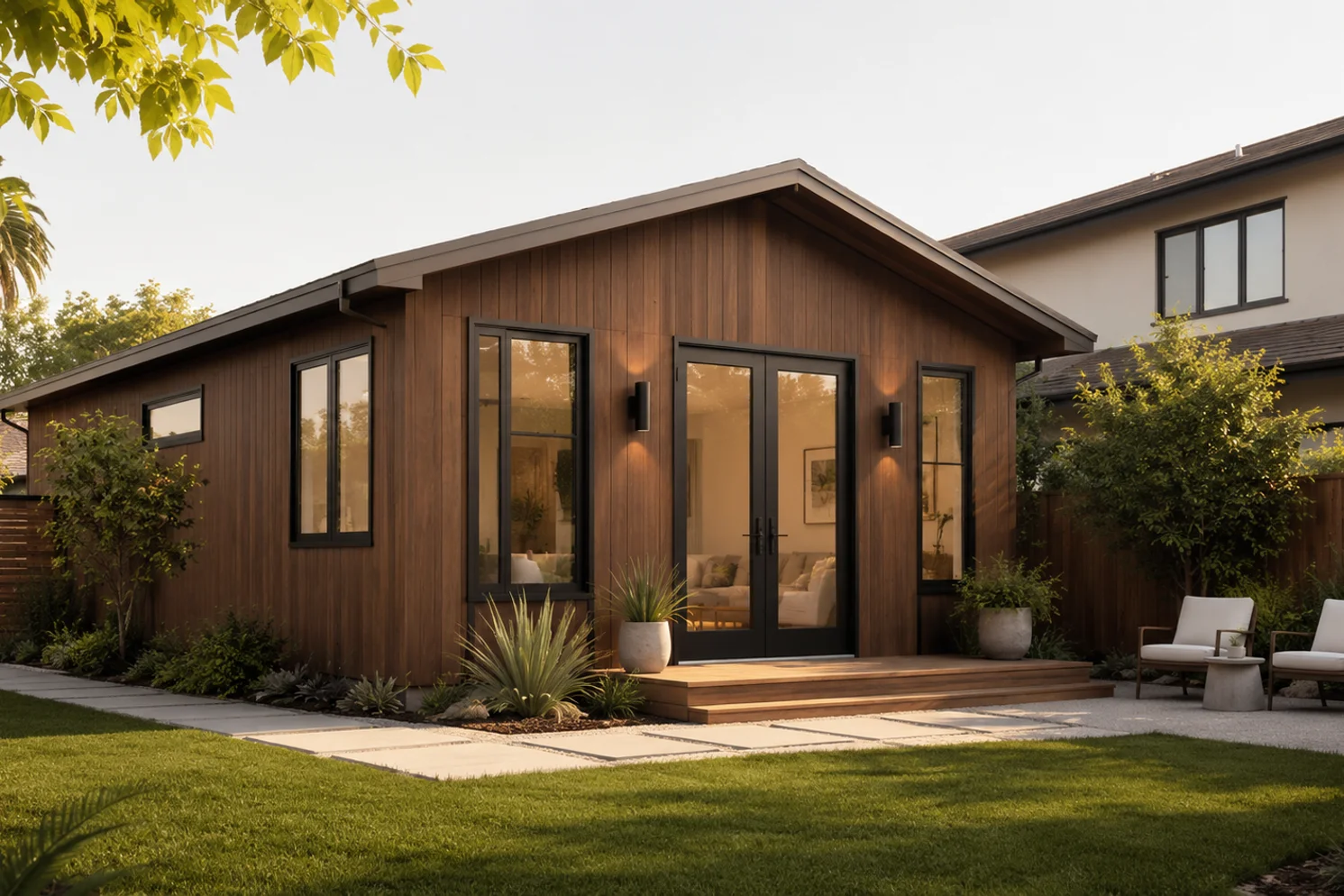 Two-bathroom prefab ADU in a residential backyard