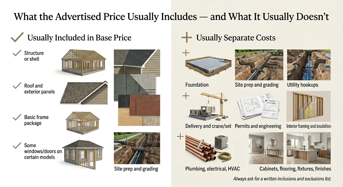 Infographic showing what the advertised price usually includes vs. what it doesn't: Usually included — structure or shell, roof and exterior panels, basic frame package, some windows/doors on certain models. Usually separate costs — foundation, site prep and grading, utility hookups, delivery and crane set, permits and engineering, interior framing and insulation, plumbing electrical and HVAC, cabinets flooring fixtures and finishes. Always ask for a written inclusions and exclusions list.