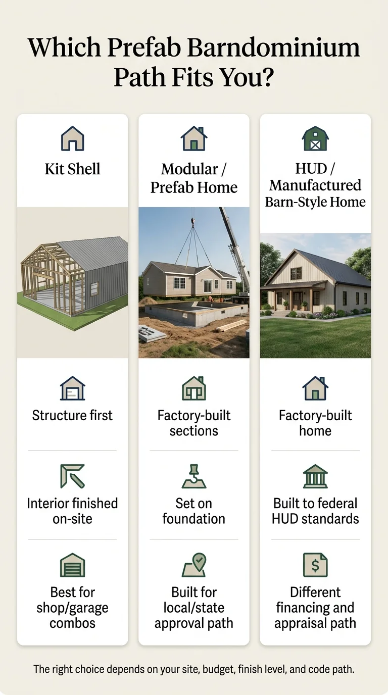 Infographic comparing three prefab barndominium paths: Kit Shell (structure first, interior finished on-site, best for shop/garage combos), Modular/Prefab Home (factory-built sections, set on foundation, built for local/state approval path), and HUD/Manufactured Barn-Style Home (factory-built home, built to federal HUD standards, different financing and appraisal path)