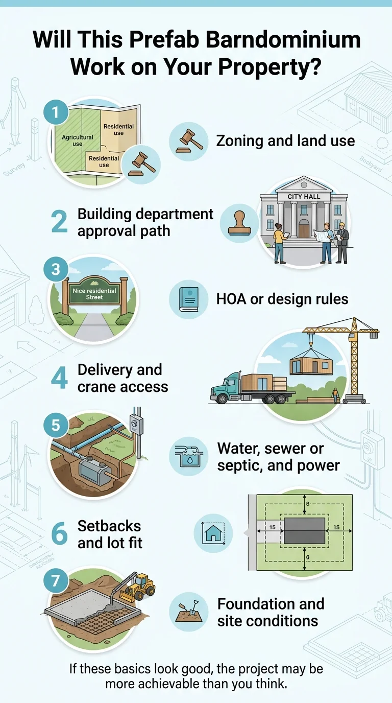 7-point site feasibility checklist infographic: 1. Zoning and land use, 2. Building department approval path, 3. HOA or design rules, 4. Delivery and crane access, 5. Water, sewer or septic, and power, 6. Setbacks and lot fit, 7. Foundation and site conditions — with caption: if these basics look good, the project may be more achievable than you think
