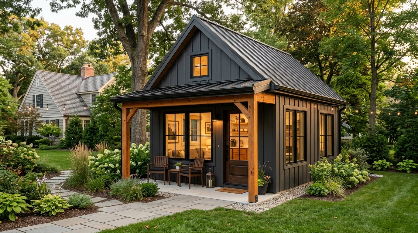 Small backyard barn-style guest house with charcoal board-and-batten siding, cedar timber porch posts, warm interior lighting, Adirondack chairs, and landscaped stone path — set in a suburban yard adjacent to a traditional colonial main home