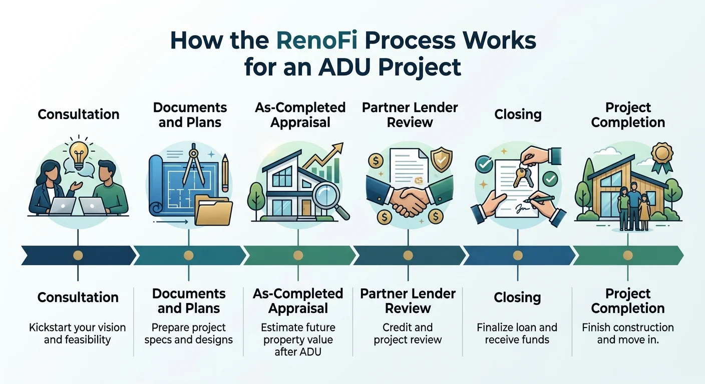 How the RenoFi process works for an ADU project: six steps from consultation and documents to as-completed appraisal, partner lender review, closing, and project completion