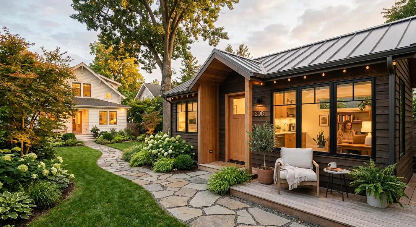 Modern dark-sided ADU with large windows revealing a home office interior at dusk, connected to a white craftsman primary home by a curving flagstone path through a hydrangea garden