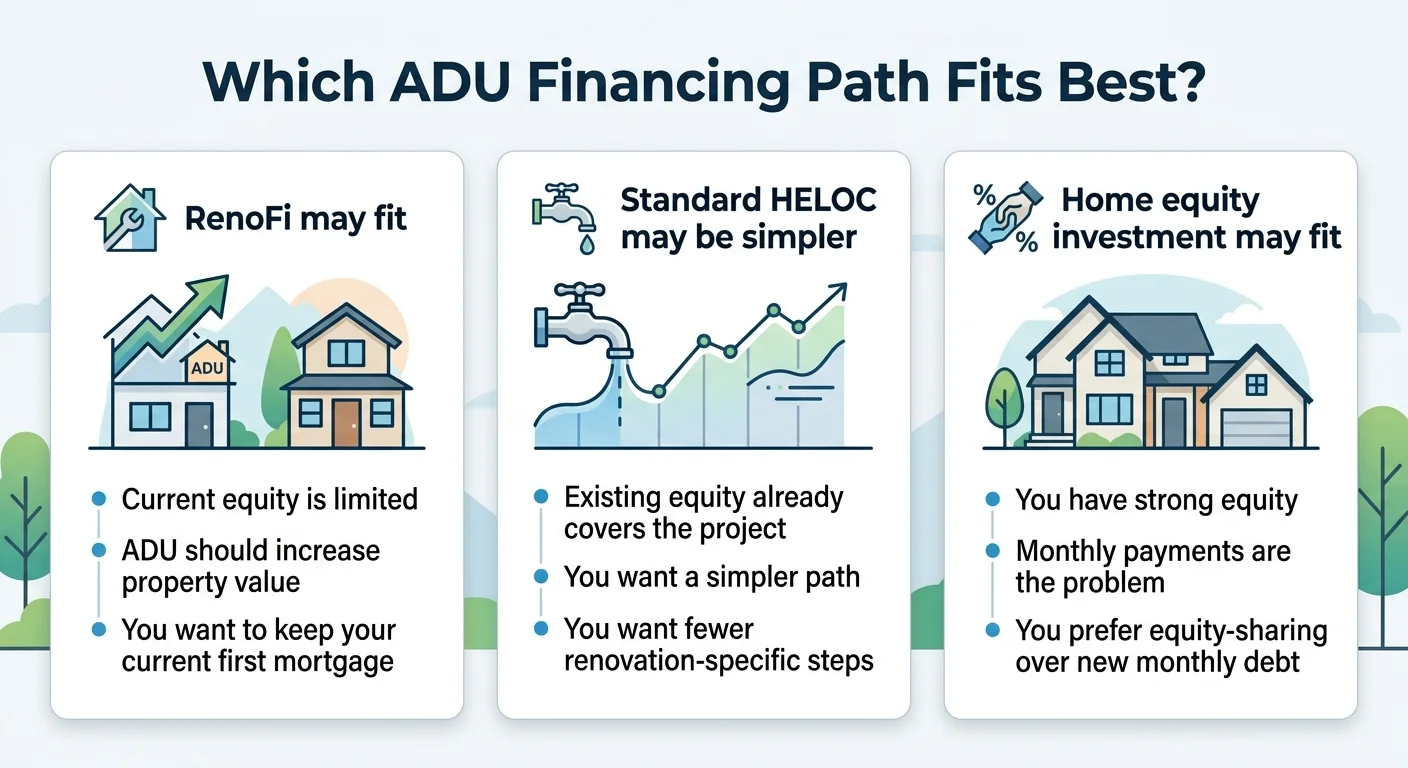 Infographic showing which ADU financing path fits best: RenoFi for limited equity, standard HELOC when equity already covers the project, home equity investment when monthly payments are the problem
