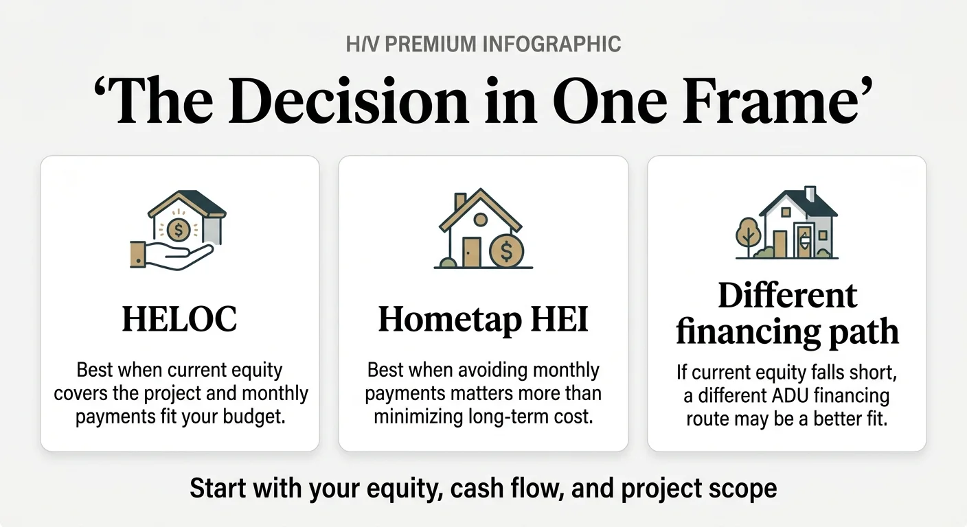 The Decision in One Frame: HELOC best when current equity covers the project, Hometap HEI best for avoiding monthly payments, different path needed when current equity falls short