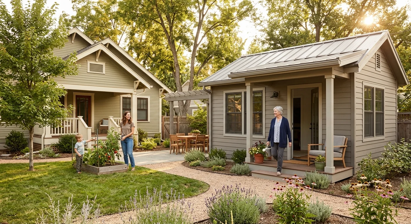 Multigenerational family with children and an older woman enjoying a Craftsman-style backyard ADU on a sunny day, surrounded by a lush garden