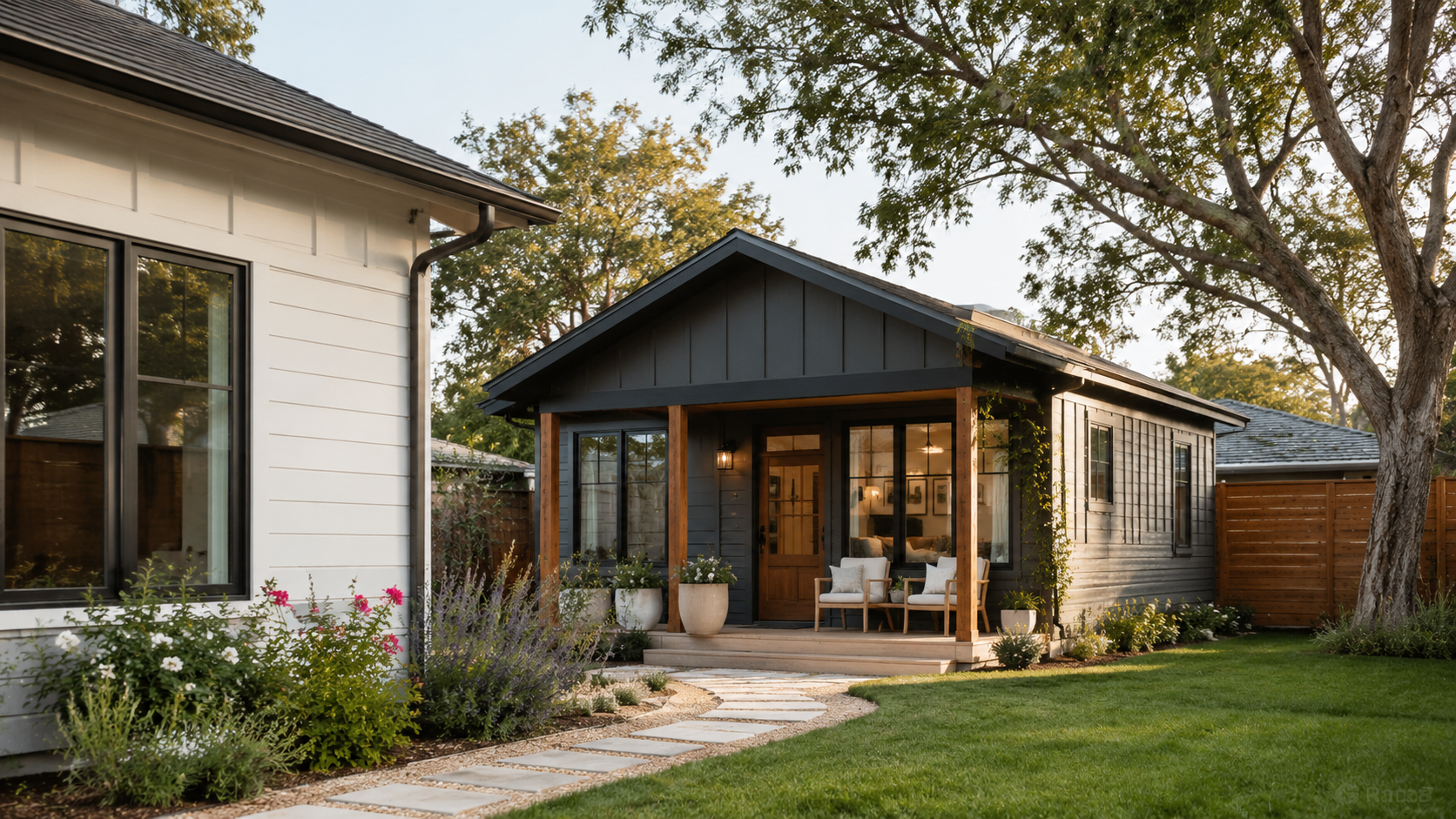 Illustration of a detached backyard accessory dwelling unit next to a single-family home