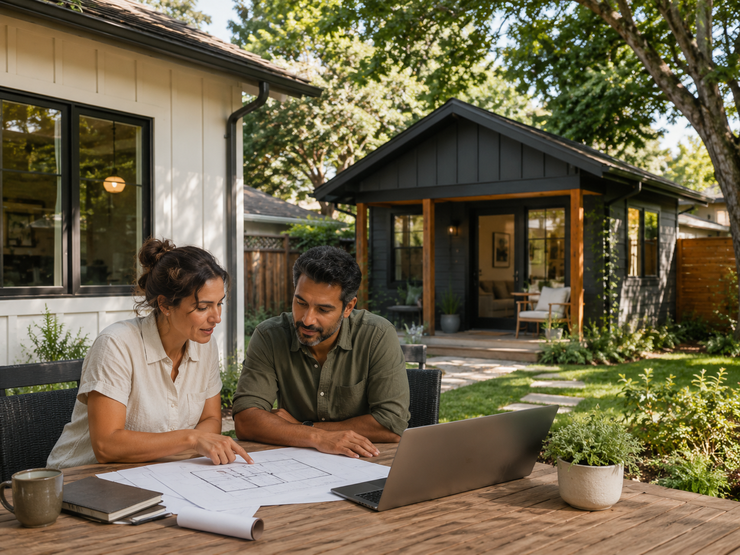 Homeowners reviewing ADU construction plans and financing documents at a table