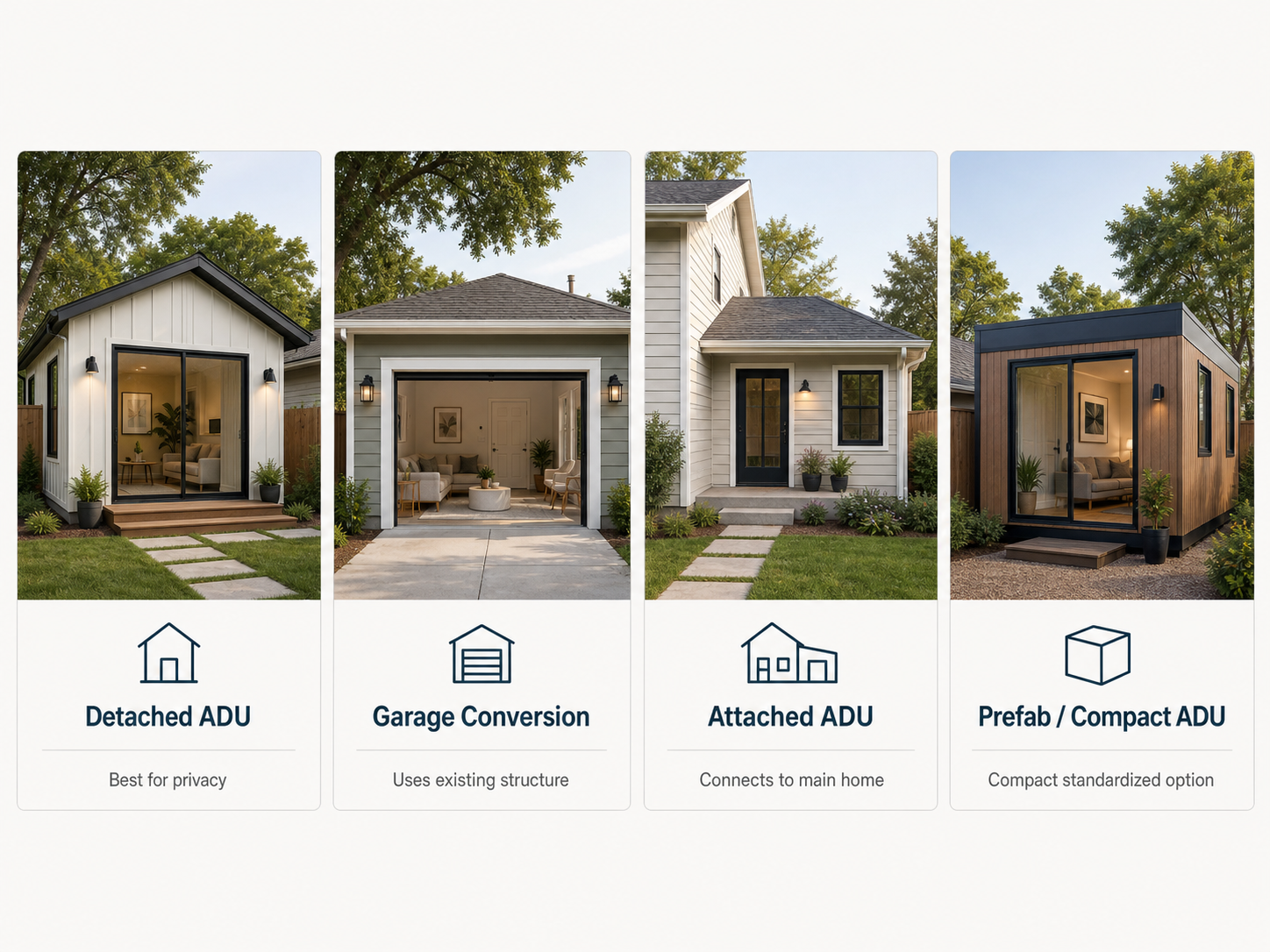 Four San Diego ADU types: detached ADU, garage conversion, attached ADU, and prefab compact ADU.
