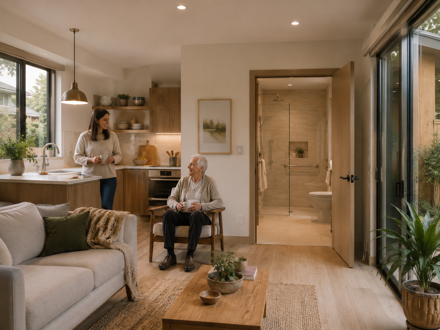 Senior-safe ADU bathroom layout: 60-inch turning circle, curbless shower, 36-inch door — The Dwelling Index