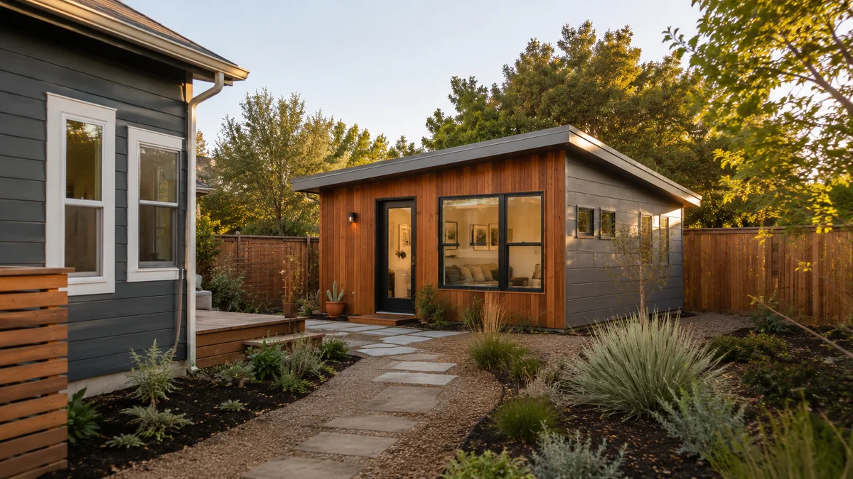 Detached studio prefab ADU in a residential backyard
